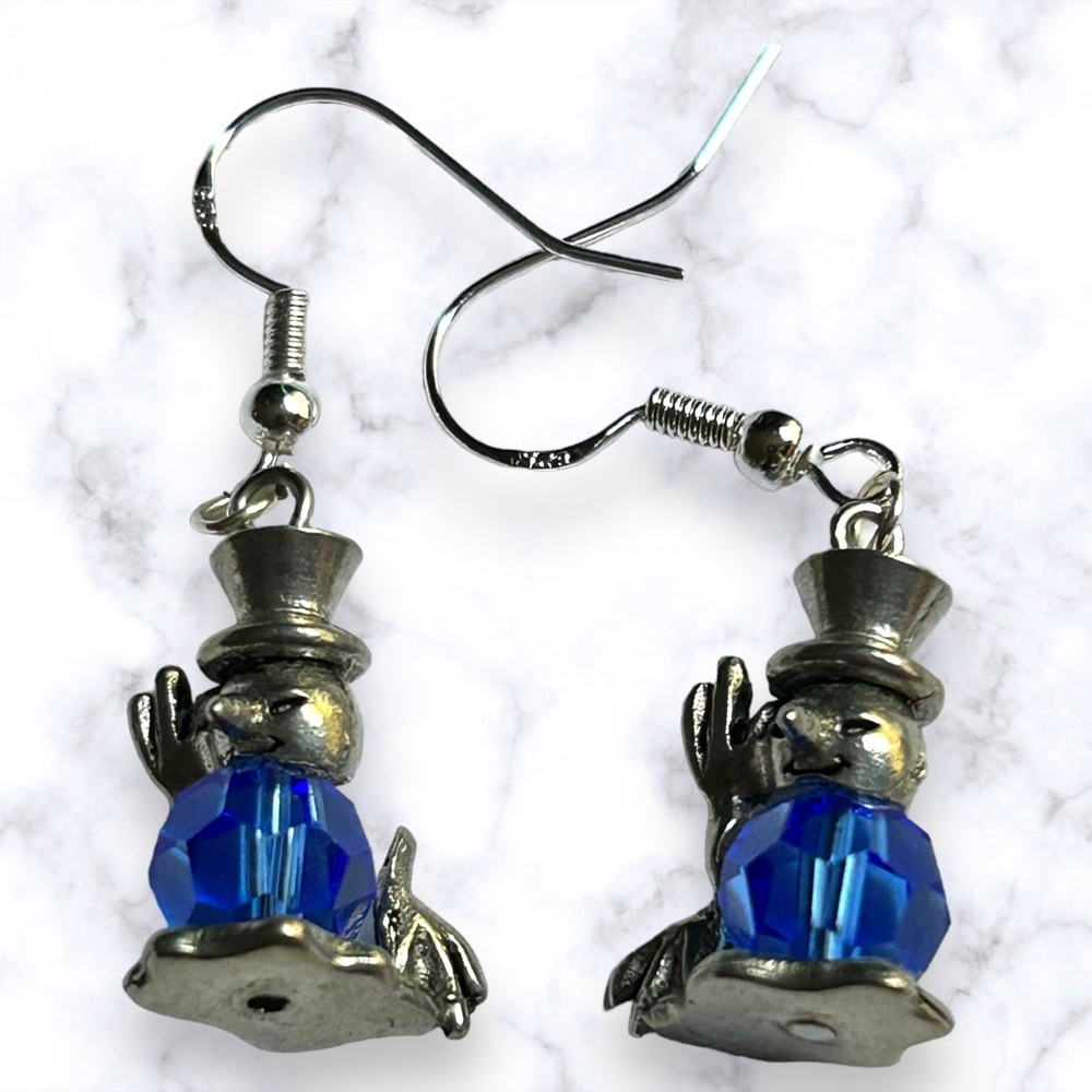 Handmade Earrings Snowman Swarovski Blue Crystal Dangle Pierced Gift